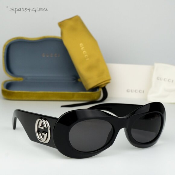 BRAND NEW Gucci GG1696S 001 Black Grey Women Oval Sunglasses GG 1696S